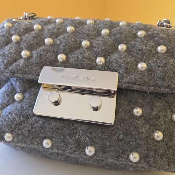 Michael Kors Sloan Small Quilted Wool Felt Pearl Embellished Chain Shoulder Bag - Picture 3 of 16